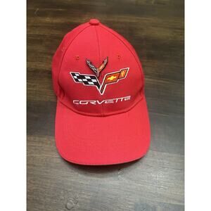 Corvette Racing Hat Red Embroidered Logo Adjustable Cap OSFA W/ Pin